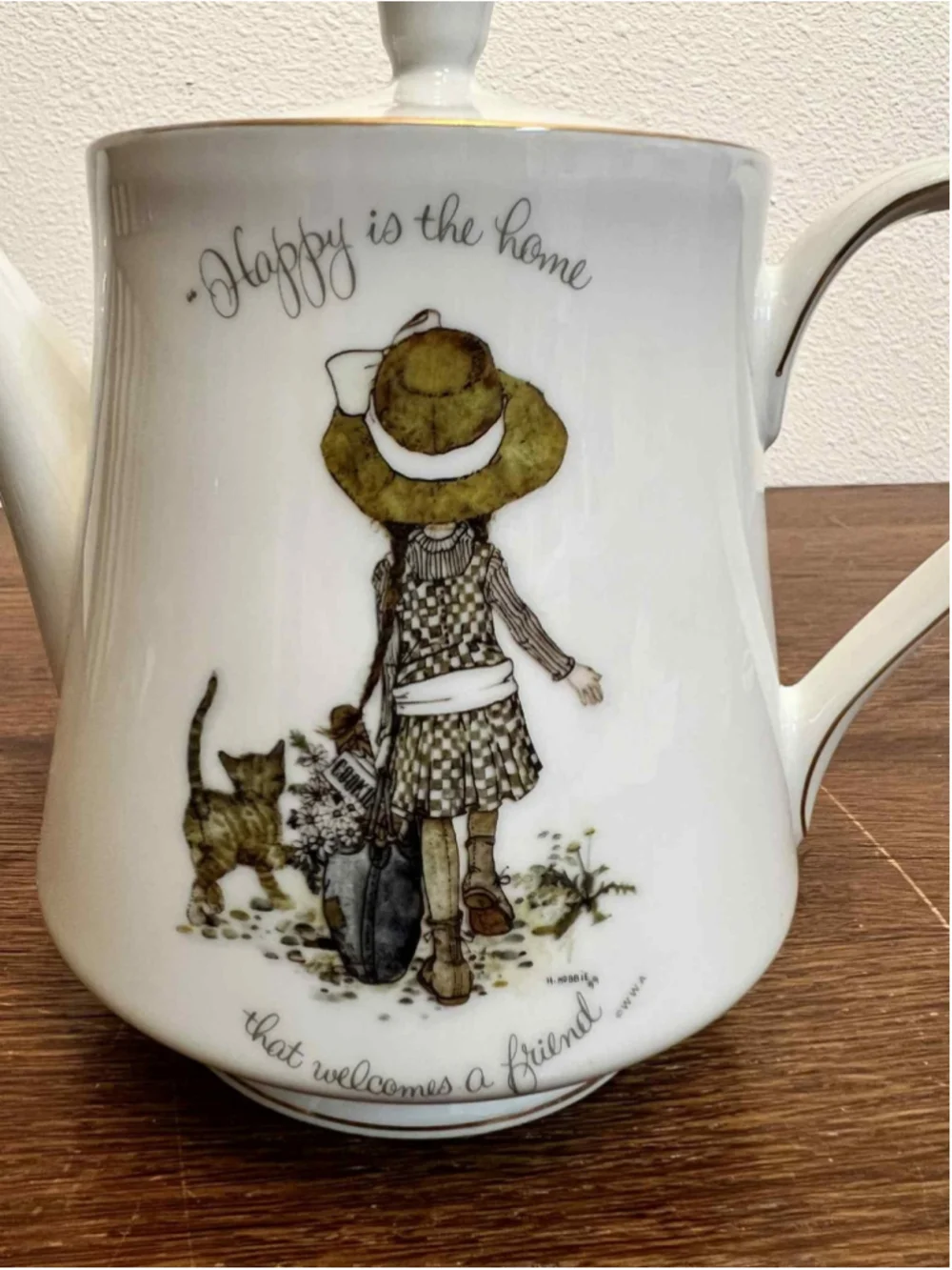 Vintage Holly Hobbie Teapot Happy Is the Home Gold Trim Porcelain w/Lid Server